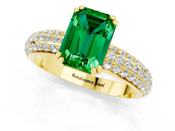 Yellow gold Emerald Cut Emerald Vintage Milgrain Ring with Round  Stations
