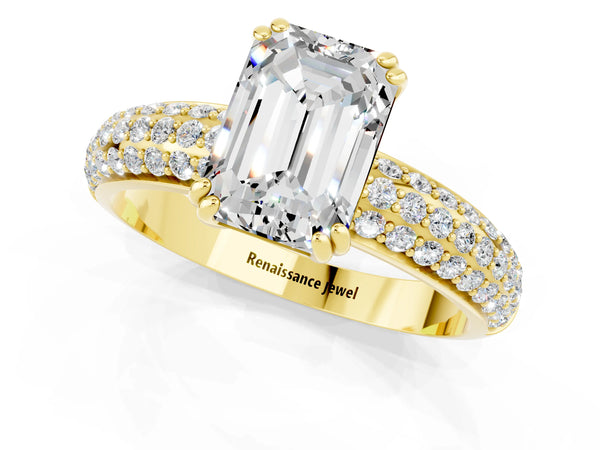 Yellow gold Emerald Cut Moissanite Vintage Milgrain Ring with Round  Stations