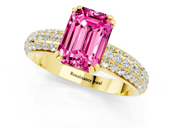 Yellow gold Emerald Cut Pink Sapphire Vintage Milgrain Ring with Round  Stations