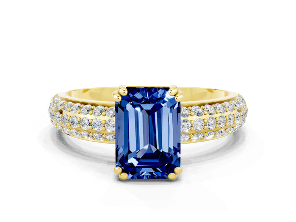 Yellow gold Emerald Cut Blue Sapphire Vintage Milgrain Ring with Round  Stations