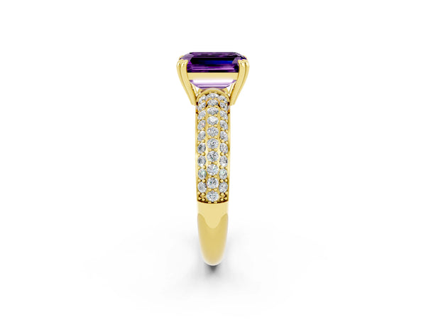 Yellow gold Emerald Cut Amethyst Vintage Milgrain Ring with Round  Stations