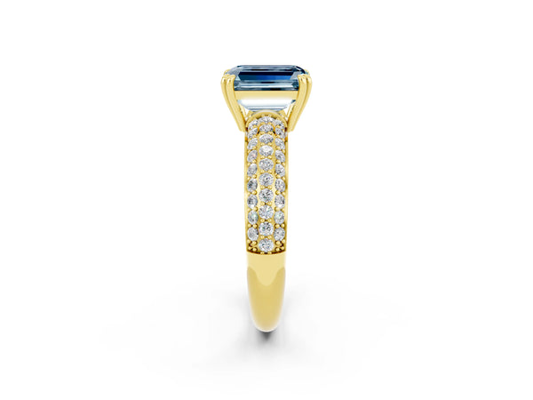 Yellow gold Emerald Cut Aquamarine Vintage Milgrain Ring with Round  Stations