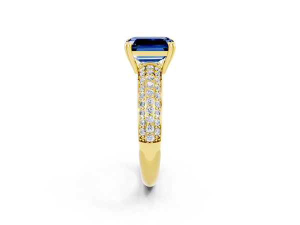 Yellow gold Emerald Cut Blue Sapphire Vintage Milgrain Ring with Round  Stations