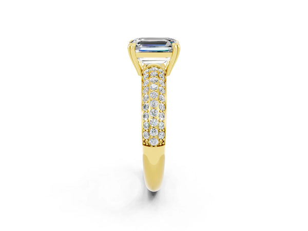 Yellow gold Emerald Cut Moissanite Vintage Milgrain Ring with Round  Stations