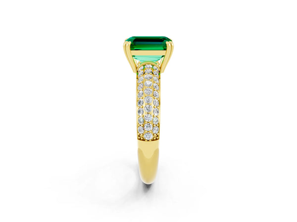 Yellow gold Emerald Cut Emerald Vintage Milgrain Ring with Round  Stations