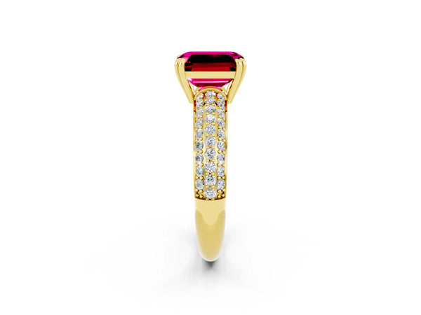 Yellow gold Emerald Cut Garnet Vintage Milgrain Ring with Round  Stations