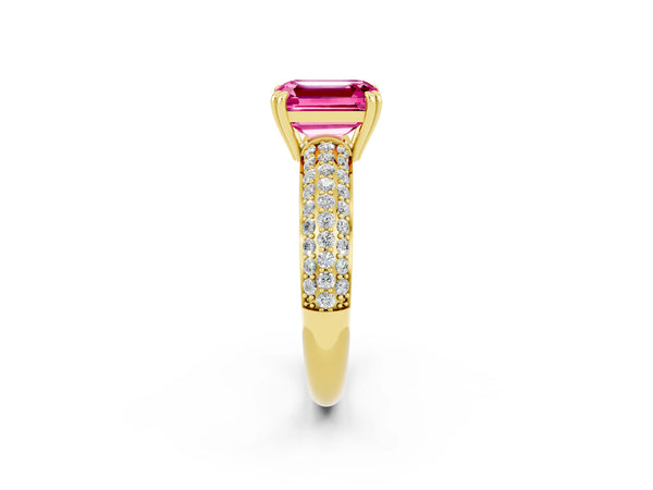 Yellow gold Emerald Cut Pink Sapphire Vintage Milgrain Ring with Round  Stations
