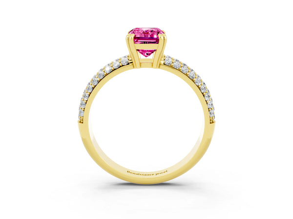 Yellow gold Emerald Cut Pink Sapphire Vintage Milgrain Ring with Round  Stations