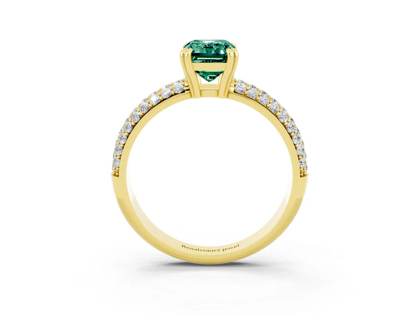 Yellow gold Emerald Cut Green Sapphire Vintage Milgrain Ring with Round  Stations