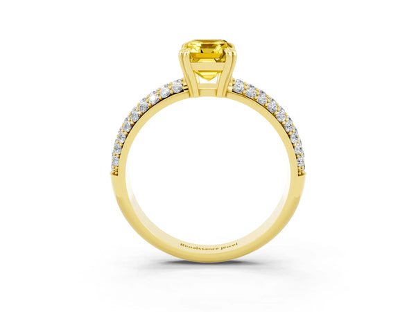 Yellow gold Emerald Cut Yellow Sapphire Vintage Milgrain Ring with Round  Stations