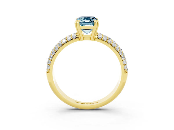 Yellow gold Emerald Cut Aquamarine Vintage Milgrain Ring with Round  Stations