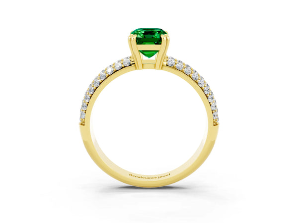 Yellow gold Emerald Cut Emerald Vintage Milgrain Ring with Round  Stations