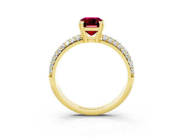 Yellow gold Emerald Cut Garnet Vintage Milgrain Ring with Round  Stations