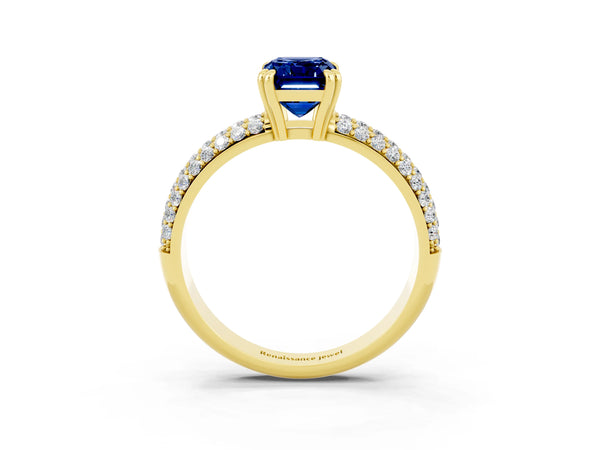 Yellow gold Emerald Cut Blue Sapphire Vintage Milgrain Ring with Round  Stations