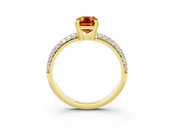 Yellow gold Emerald Cut Citrine Vintage Milgrain Ring with Round  Stations