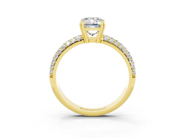 Yellow gold Emerald Cut Moissanite Vintage Milgrain Ring with Round  Stations
