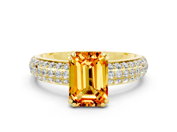 Yellow gold Emerald Cut Citrine Vintage Milgrain Ring with Round  Stations