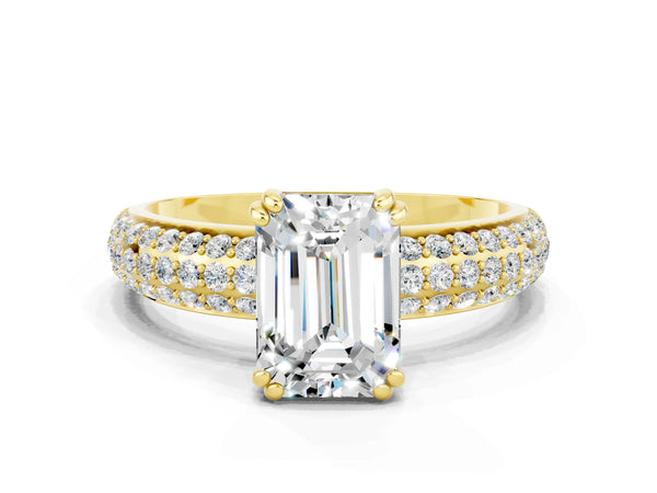 Yellow gold Emerald Cut Moissanite Vintage Milgrain Ring with Round  Stations