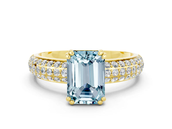 Yellow gold Emerald Cut Aquamarine Vintage Milgrain Ring with Round  Stations