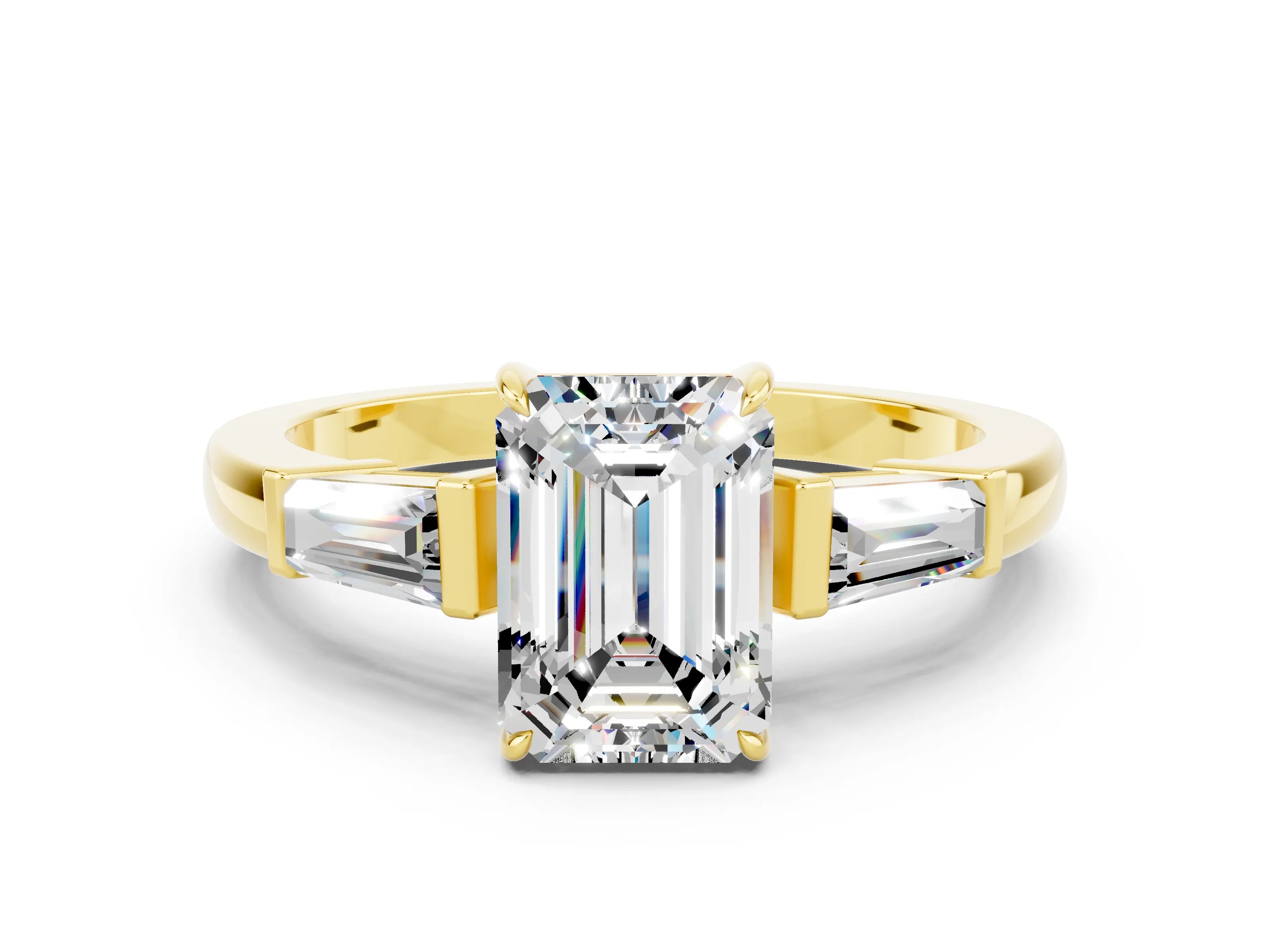 Yellow gold Emerald Cut Cut Diamond Ring with Tapered Baguette Side Stones in Four-Prong Setting