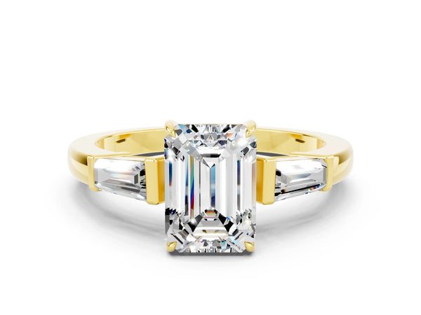 Yellow gold Emerald Cut Moissanite Three-Stone Ring with Tapered Baguette Side Stones and Prong Setting