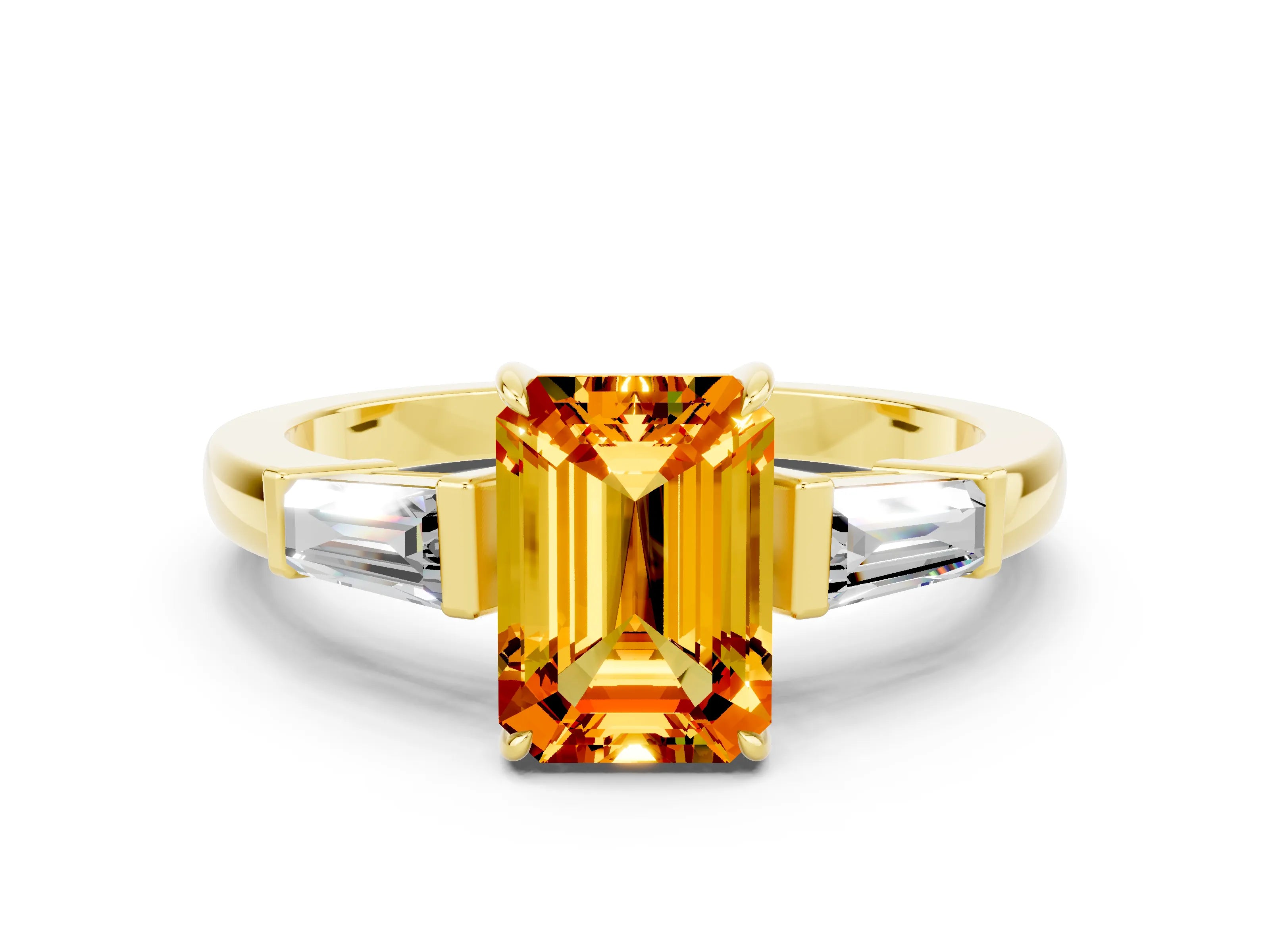 Yellow gold Emerald Cut Cut Diamond Ring with Tapered Baguette Side Stones in Four-Prong Setting