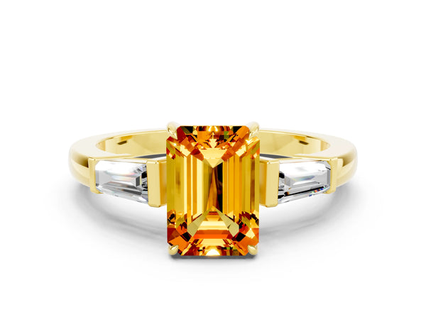 Yellow gold Emerald Cut Citrine Three-Stone Ring with Tapered Baguette Side Stones and Prong Setting