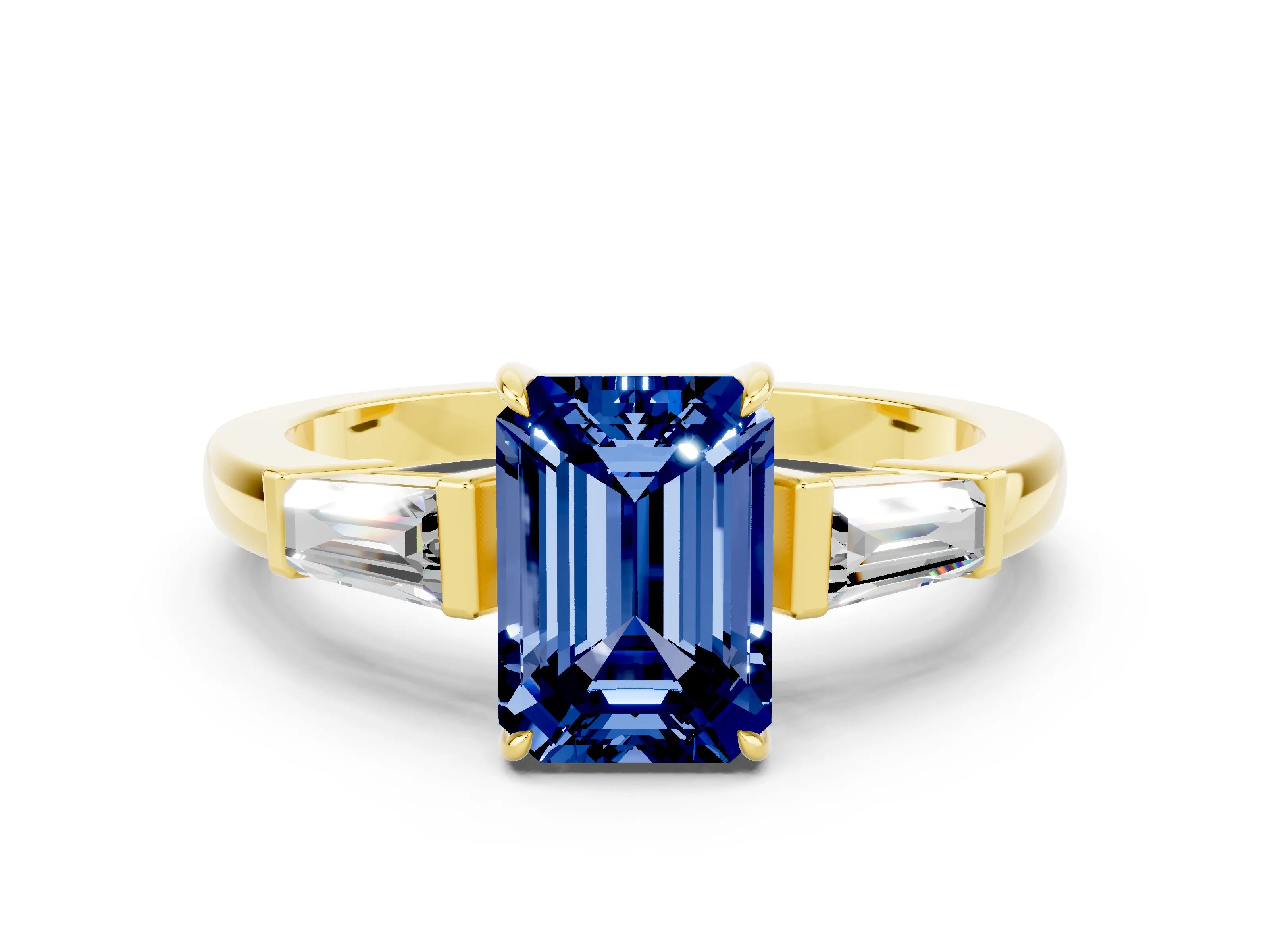 Yellow gold Emerald Cut Cut Diamond Ring with Tapered Baguette Side Stones in Four-Prong Setting