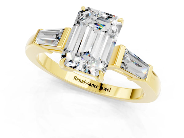Yellow gold Emerald Cut Moissanite Three-Stone Ring with Tapered Baguette Side Stones and Prong Setting