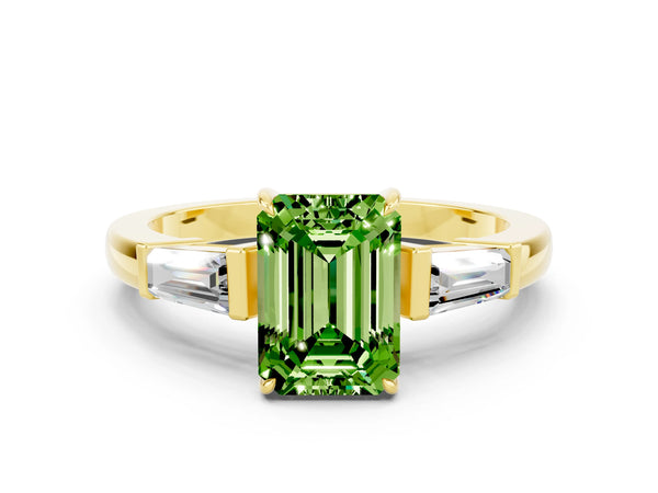 Yellow gold Emerald Cut Cut Diamond Ring with Tapered Baguette Side Stones in Four-Prong Setting