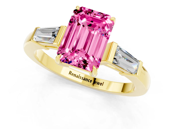 Yellow gold Emerald Cut Pink Sapphire Three-Stone Ring with Tapered Baguette Side Stones and Prong Setting