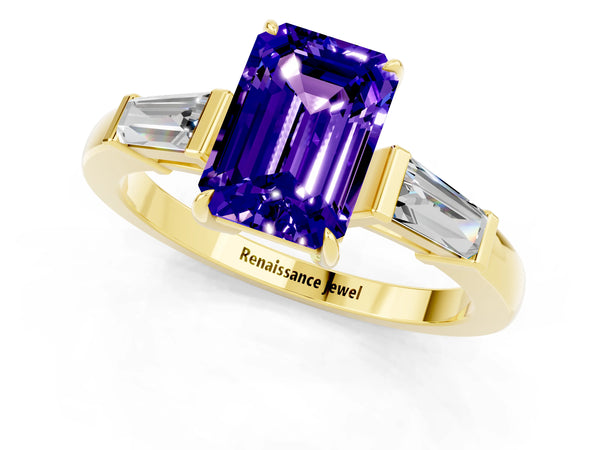 Yellow gold Emerald Cut Tanzanite Three-Stone Ring with Tapered Baguette Side Stones and Prong Setting