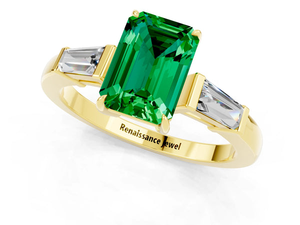 Yellow gold Emerald Cut Emerald Three-Stone Ring with Tapered Baguette Side Stones and Prong Setting