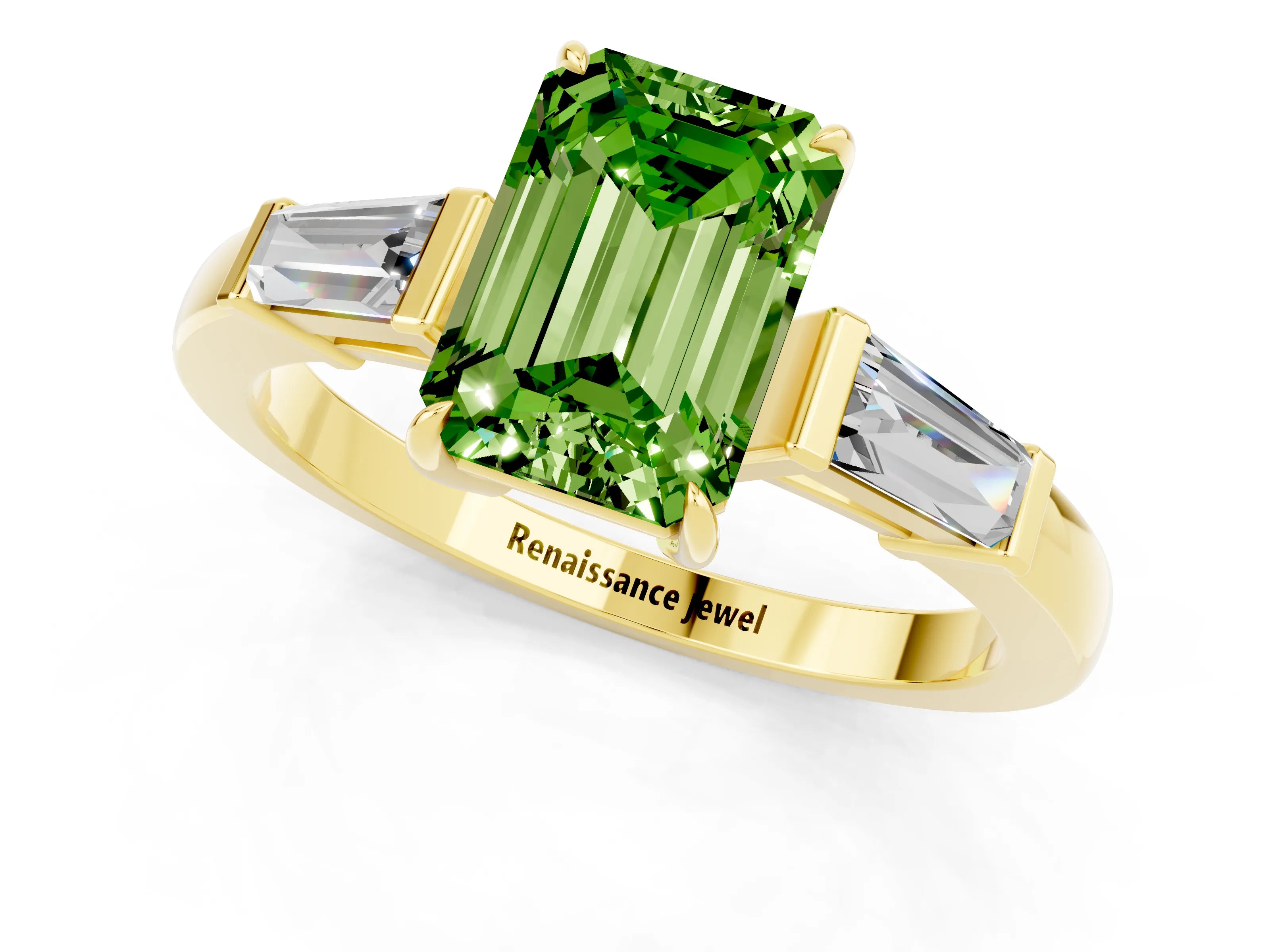 Yellow gold Emerald Cut Cut Diamond Ring with Tapered Baguette Side Stones in Four-Prong Setting_1