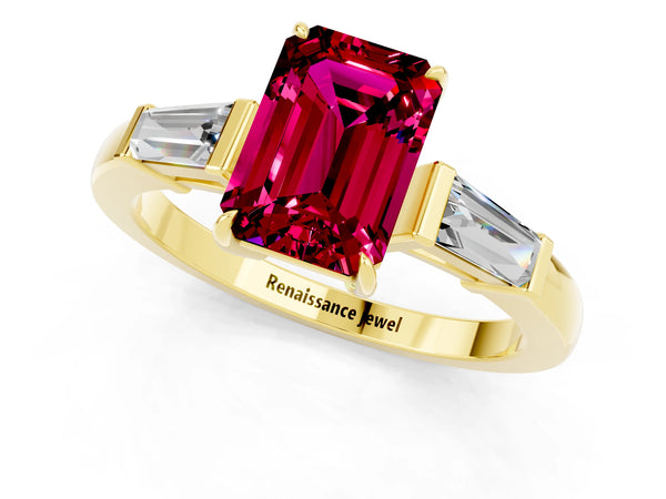 Yellow gold Emerald Cut Garnet Three-Stone Ring with Tapered Baguette Side Stones and Prong Setting