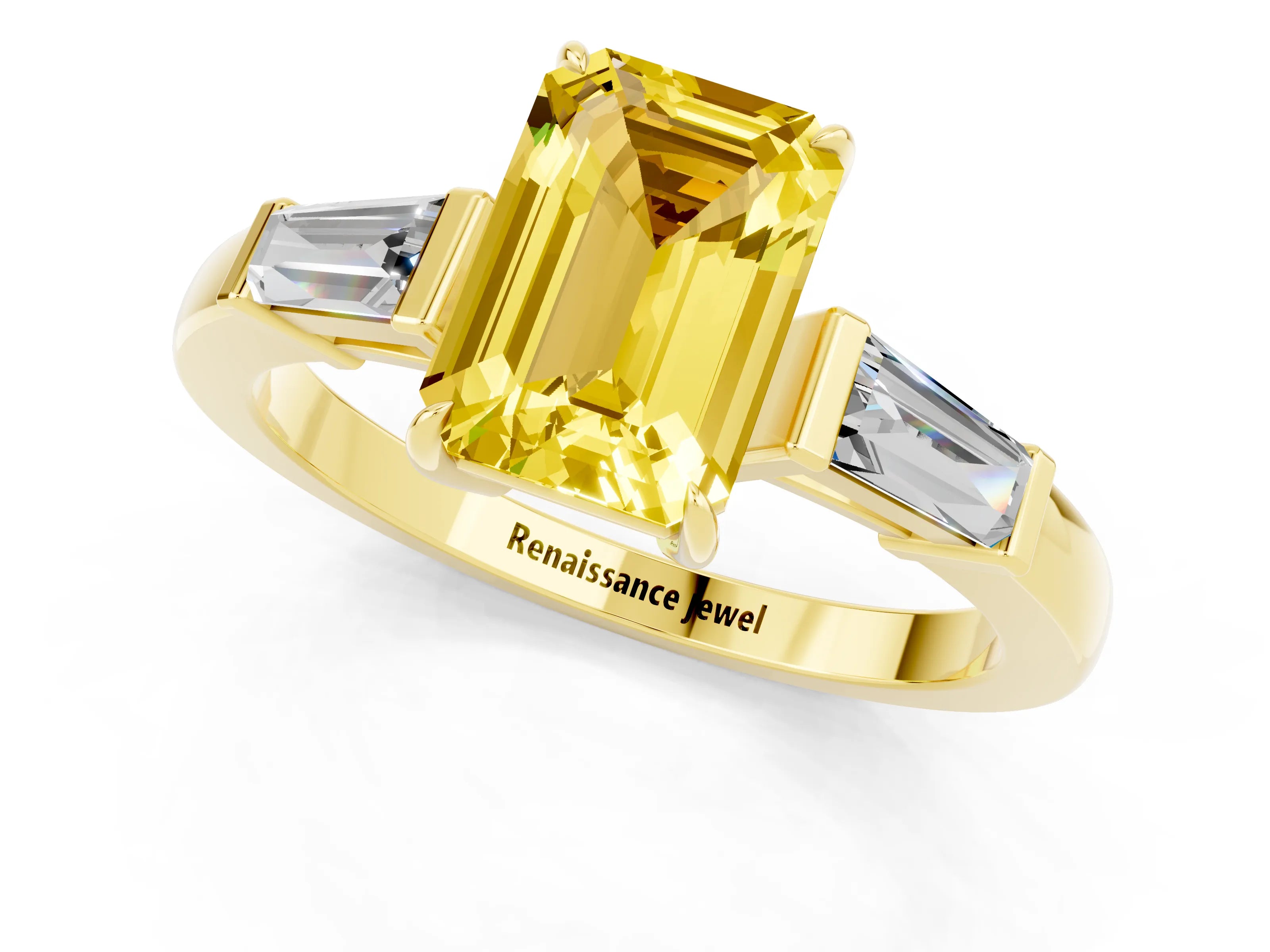 Yellow gold Emerald Cut Cut Diamond Ring with Tapered Baguette Side Stones in Four-Prong Setting_1