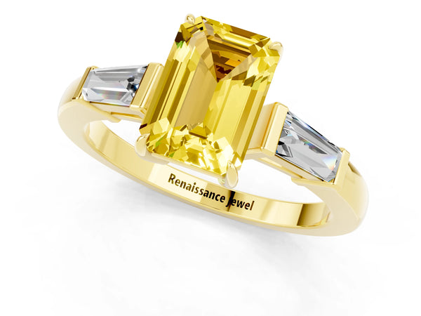 Yellow gold Emerald Cut Yellow Sapphire Three-Stone Ring with Tapered Baguette Side Stones and Prong Setting