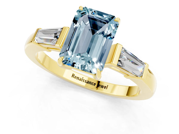 Yellow gold Emerald Cut Aquamarine Three-Stone Ring with Tapered Baguette Side Stones and Prong Setting