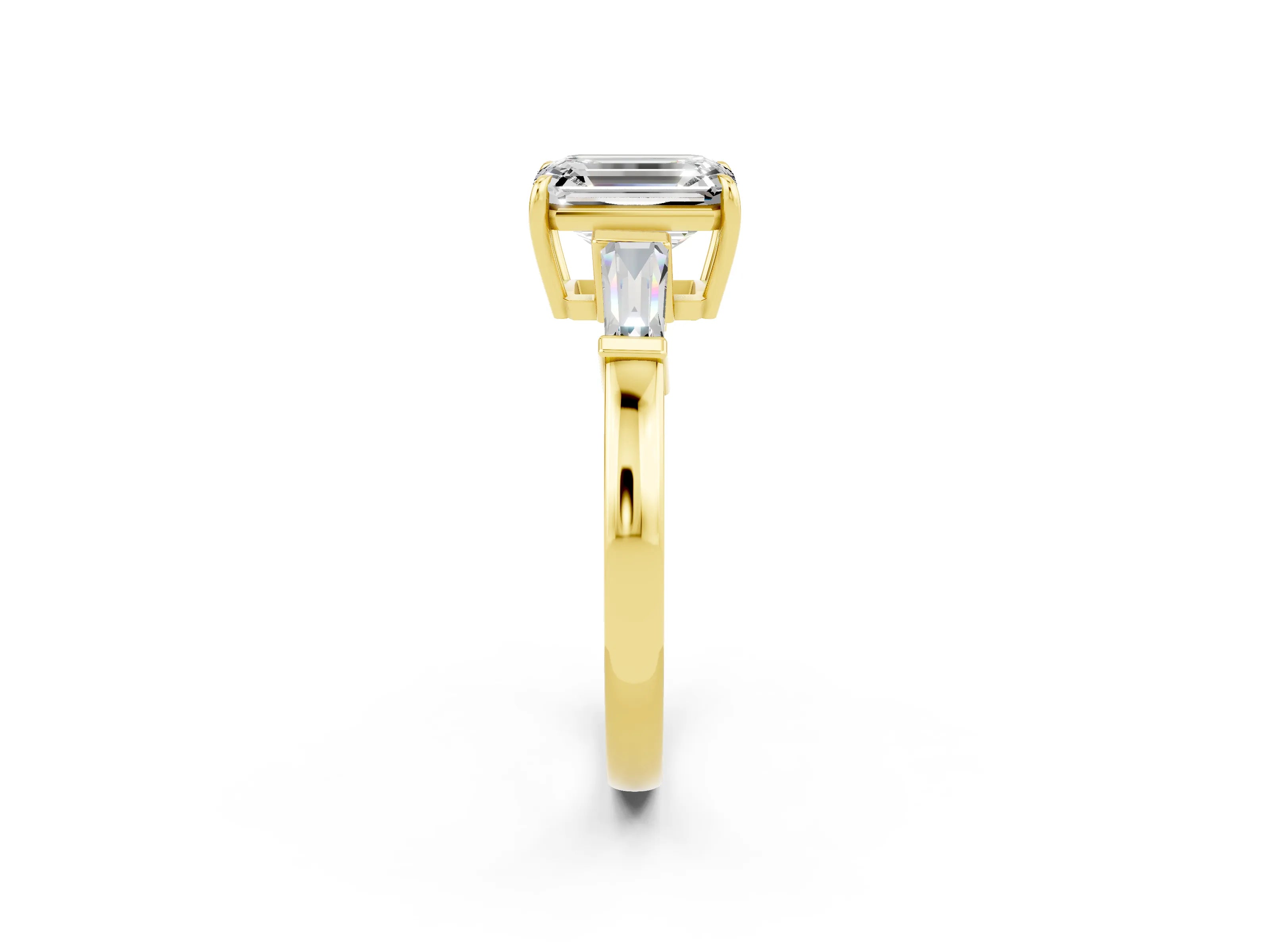 Yellow gold Emerald Cut Cut Diamond Ring with Tapered Baguette Side Stones in Four-Prong Setting_2
