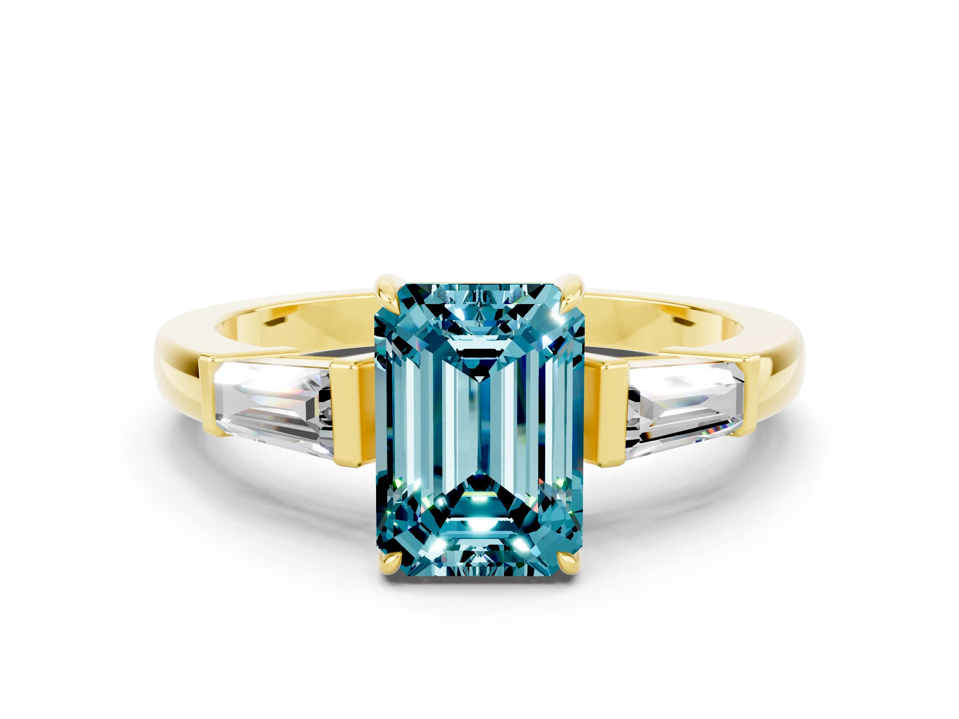Yellow gold Emerald Cut Cut Diamond Ring with Tapered Baguette Side Stones in Four-Prong Setting