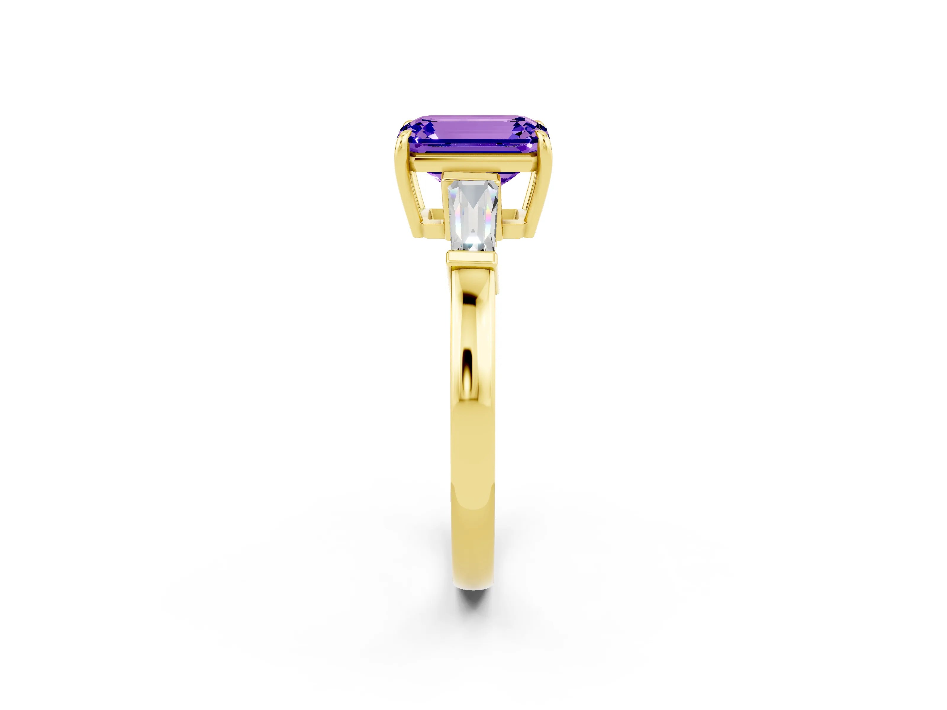 Yellow gold Emerald Cut Cut Diamond Ring with Tapered Baguette Side Stones in Four-Prong Setting_2