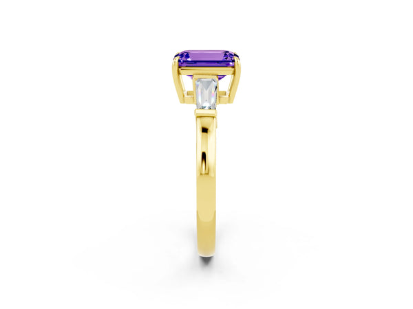 Yellow gold Emerald Cut Tanzanite Three-Stone Ring with Tapered Baguette Side Stones and Prong Setting