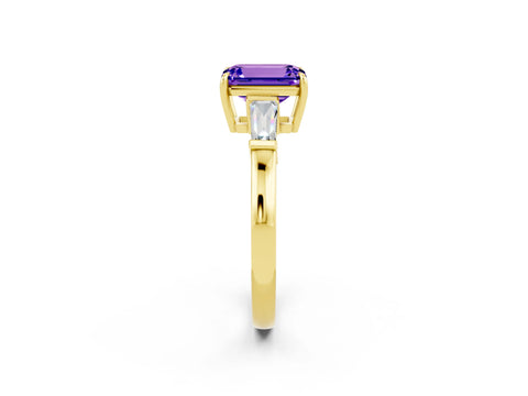 Yellow gold Emerald Cut Cut Diamond Ring with Tapered Baguette Side Stones in Four-Prong Setting_2