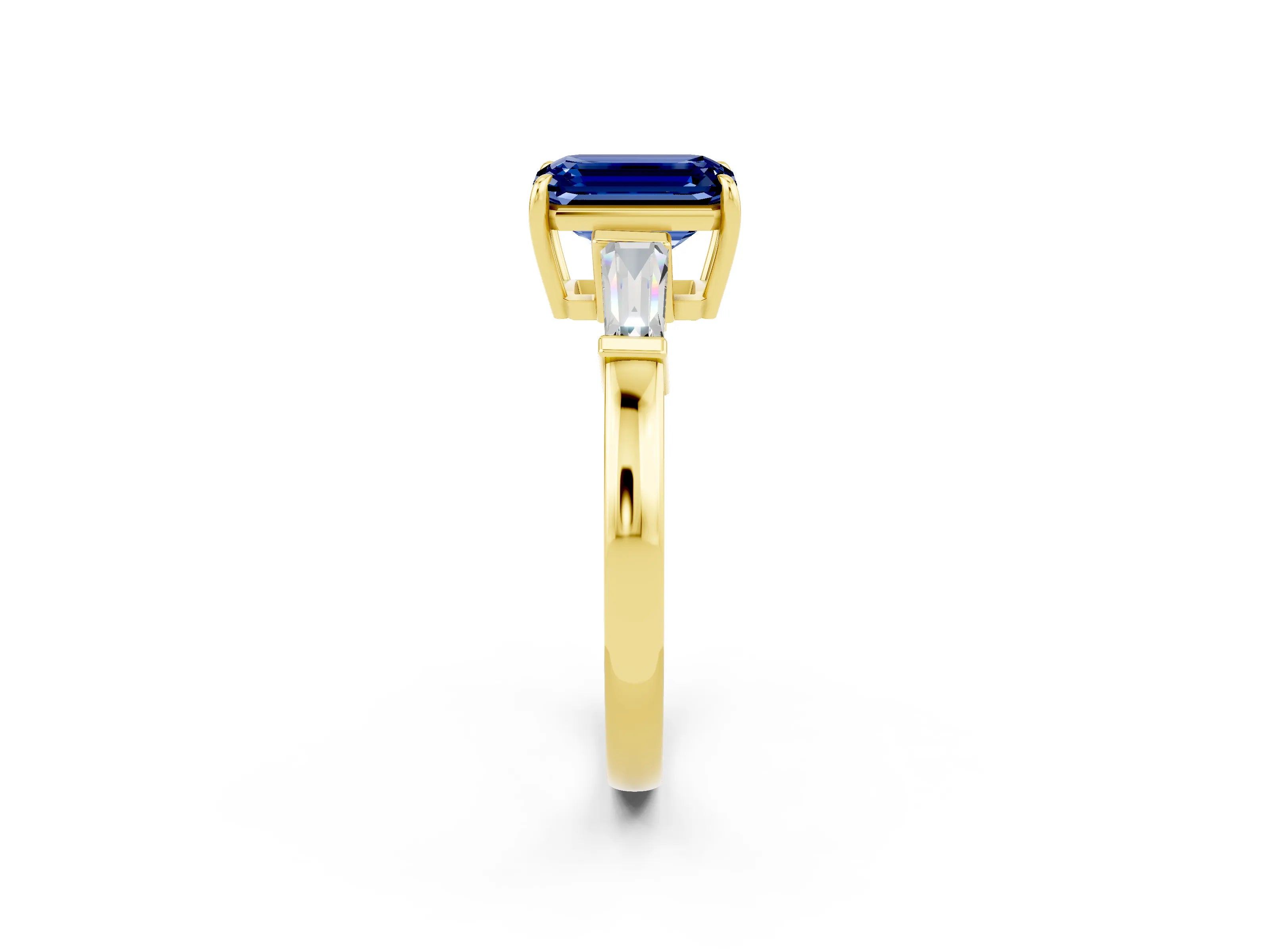 Yellow gold Emerald Cut Cut Diamond Ring with Tapered Baguette Side Stones in Four-Prong Setting_2