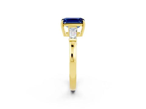 Yellow gold Emerald Cut Cut Diamond Ring with Tapered Baguette Side Stones in Four-Prong Setting_2