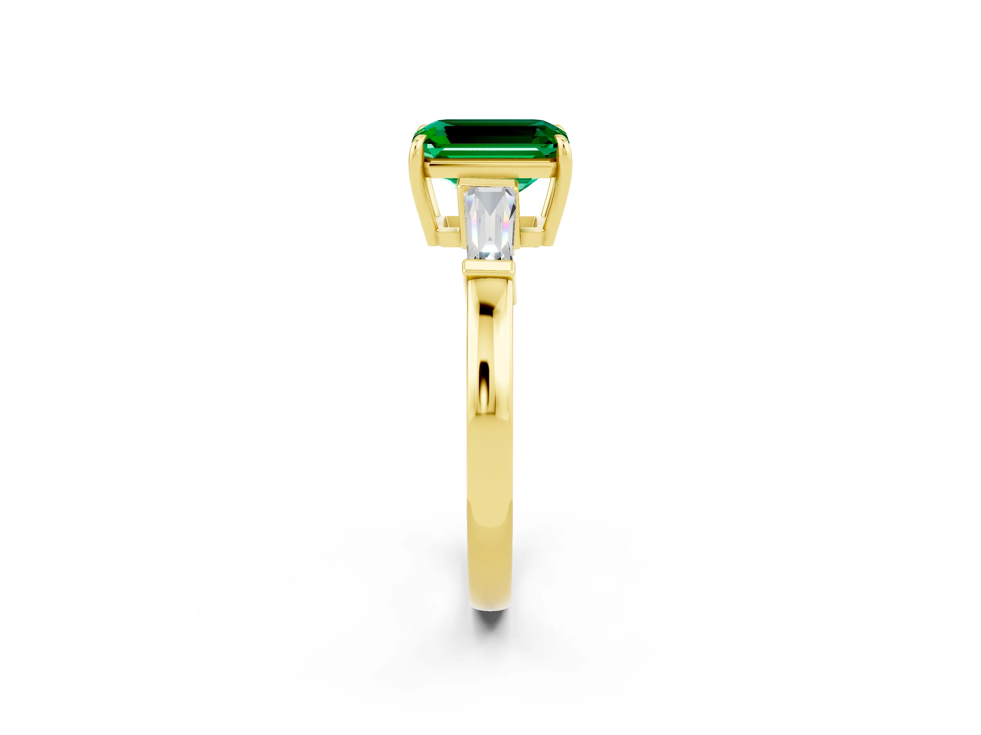 Yellow gold Emerald Cut Cut Diamond Ring with Tapered Baguette Side Stones in Four-Prong Setting_2