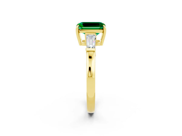 Yellow gold Emerald Cut Emerald Three-Stone Ring with Tapered Baguette Side Stones and Prong Setting