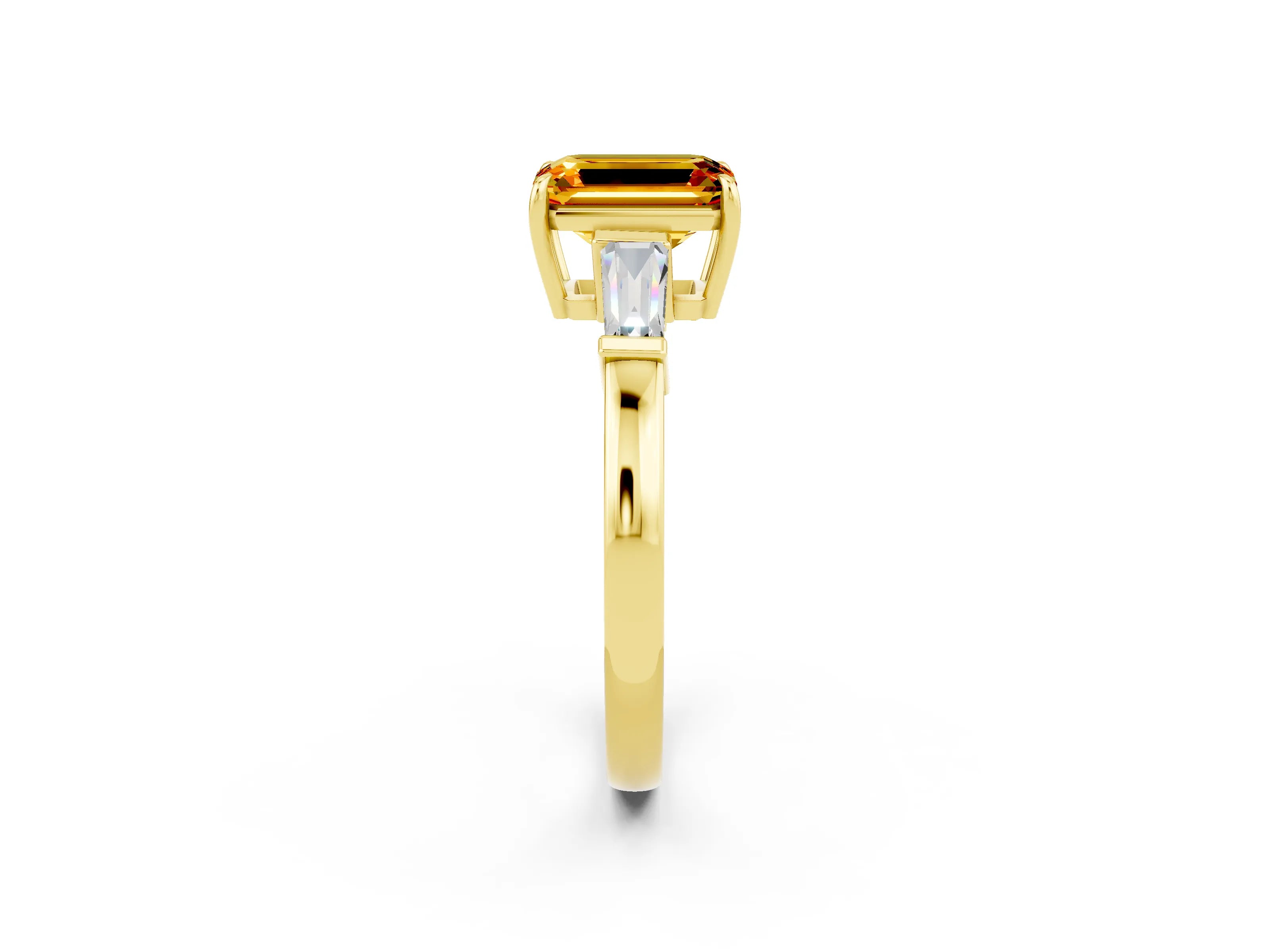 Yellow gold Emerald Cut Cut Diamond Ring with Tapered Baguette Side Stones in Four-Prong Setting_2