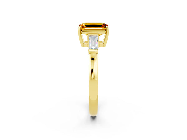 Yellow gold Emerald Cut Citrine Three-Stone Ring with Tapered Baguette Side Stones and Prong Setting