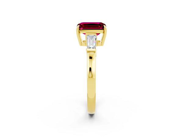 Yellow gold Emerald Cut Garnet Three-Stone Ring with Tapered Baguette Side Stones and Prong Setting